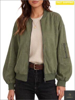 Womens Faux Suede Bomber Jacket Zip Up Oversized Fall Coat Casual